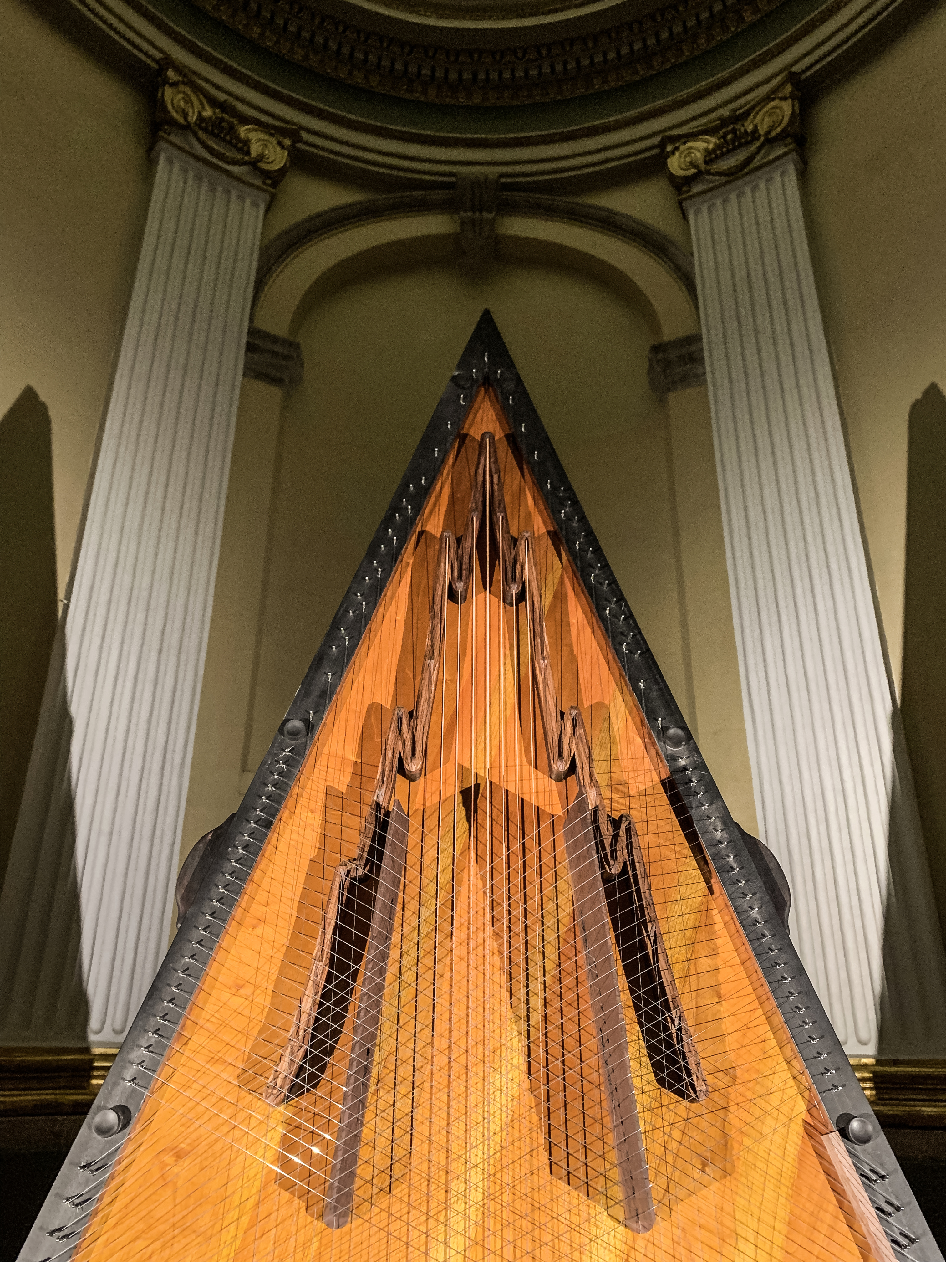 Citrapataṃga Brevicornis, 2022.  
Concept: Ximena Labra, Leonardo Heiblum. Collaboration with luthier Carlos Chinchillas.

Musical instrument for twelve hands, sound sculpture. Harmonic table: cedar wood with carved chagane wood bridges. 108 strings: piano, concert harp, Jarocha harp, jarana, sitar and psaltery strings. Body: chechen and katalox woods. Iron and steel. 
2.7 x 1.8 x 1.3 m 
